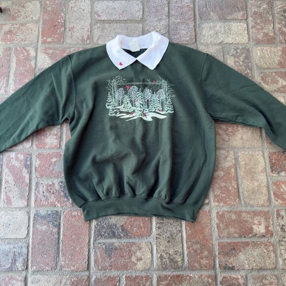 Vintage Sweaters - Vintage Morning Sun Green Sweatshirt Collared Christmas Trees Cozy Holiday